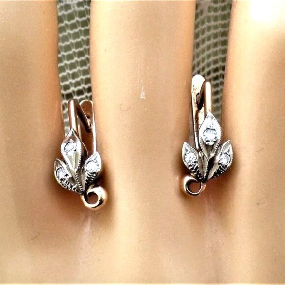 Vintage Soviet USSR Solid 14K 583 Rose Pink White Gold Diamond Pierced Earrings - Picture 3 of 7